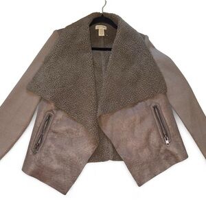 Women's Taupe Faux Shearling Suede Open Front Jacket Ribbed Sleeves Size M